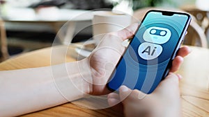 AI Artificial intelligence Deep machine learning concept. Robot icon on mobile phone screen.