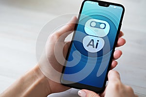 AI Artificial intelligence Deep machine learning concept. Robot icon on mobile phone screen.