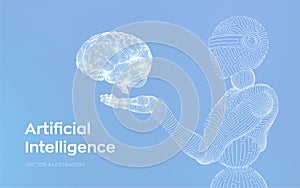AI. Artificial intelligence. AI in the form of cyborg or bot. Wireframe robot. Digital brain. Brain in robotic hand. Machine