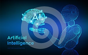 AI. Artificial intelligence. AI in the form of cyborg or bot. Wireframe robot. Digital brain. Brain in robotic hand. Machine