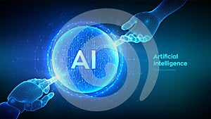 AI. Artificial Intelligence. Hands of Robot and Human touching sphere with circuit board pattern. Artificial Intelligence and