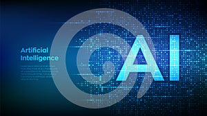AI. Artificial intelligence. Letters AI made with binary code. Machine learning technology. Binary data and streaming digital code