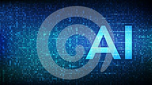 AI. Artificial intelligence. Letters AI made with binary code. Machine learning technology. Binary data and streaming digital code