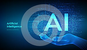 AI. Artificial intelligence. Letters AI made with binary code in wireframe hand. Binary data and streaming digital code background