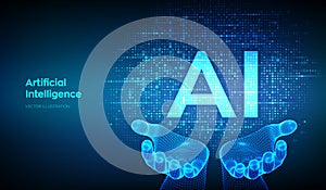 AI. Artificial intelligence. Letters AI made with binary code in wireframe hands. Binary data and streaming digital code