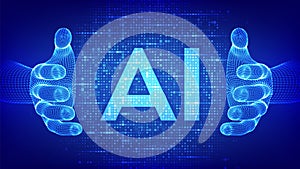 AI. Artificial intelligence. Letters AI made with binary code in wireframe hands. Binary data and streaming digital code