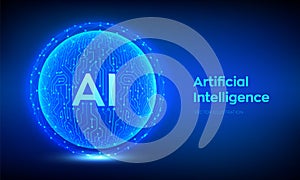 AI. Artificial Intelligence Logo. Artificial Intelligence and Machine Learning Concept. Abstract technology circuit board sphere.