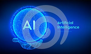 AI. Artificial Intelligence Logo. Artificial Intelligence and Machine Learning Concept. Abstract technology circuit board sphere