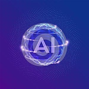 AI. Artificial Intelligence Logo. Artificial Intelligence and Machine Learning Concept. Sphere grid wave with binary code. Big