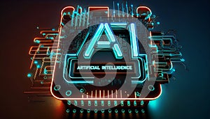 AI Artificial intelligence logo on chipset circuit board, Generative AI illustration