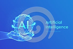 AI. Artificial Intelligence Logo in hand. Artificial Intelligence and Machine Learning Concept. Sphere grid wave with binary code