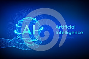 AI. Artificial Intelligence Logo in hand. Artificial Intelligence and Machine Learning Concept. Sphere grid wave with binary code