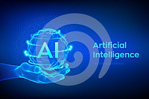 AI. Artificial Intelligence Logo in hand. Artificial Intelligence and Machine Learning Concept. Sphere grid wave with binary code