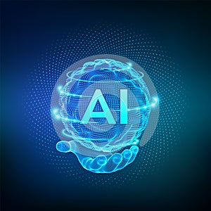 AI. Artificial Intelligence Logo in hand. Artificial Intelligence and Machine Learning Concept. Sphere grid wave with binary code