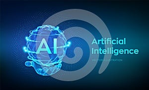 AI. Artificial Intelligence Logo in hand. Artificial Intelligence and Machine Learning Concept. Sphere grid wave with binary code