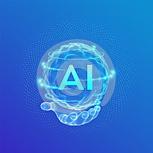 AI. Artificial Intelligence Logo in hand. Artificial Intelligence and Machine Learning Concept. Sphere grid wave with binary code