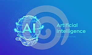 AI. Artificial Intelligence Logo in hand. Artificial Intelligence and Machine Learning Concept. Sphere grid wave with binary code