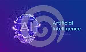 AI. Artificial Intelligence Logo in hand. Artificial Intelligence and Machine Learning Concept. Sphere grid wave with binary code