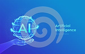 AI. Artificial Intelligence Logo in hand. Artificial Intelligence and Machine Learning Concept. Sphere grid wave with binary code