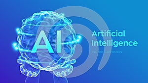 AI Artificial Intelligence Logo in hands. Artificial Intelligence and Machine Learning Concept. Sphere grid wave with binary code
