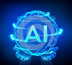 AI Artificial Intelligence Logo in hands. Artificial Intelligence and Machine Learning Concept. Sphere grid wave with binary code