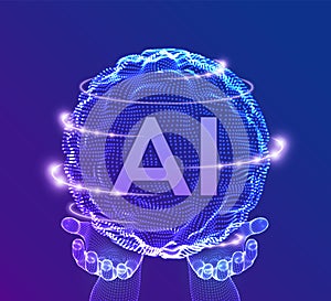 AI Artificial Intelligence Logo in hands. Artificial Intelligence and Machine Learning Concept. Sphere grid wave with binary code