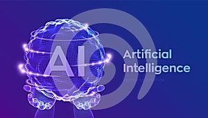 AI Artificial Intelligence Logo in hands. Artificial Intelligence and Machine Learning Concept. Sphere grid wave with binary code