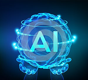 AI Artificial Intelligence Logo in hands. Artificial Intelligence and Machine Learning Concept. Sphere grid wave with binary code