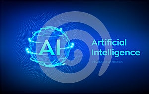 AI. Artificial Intelligence Logo. Artificial Intelligence and Machine Learning Concept. Sphere grid wave with binary code. Big