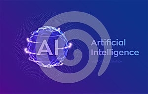 AI. Artificial Intelligence Logo. Artificial Intelligence and Machine Learning Concept. Sphere grid wave with binary code. Big