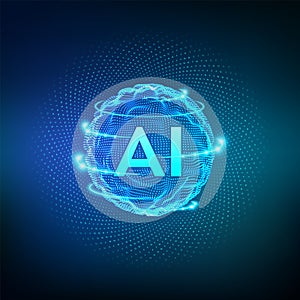 AI. Artificial Intelligence Logo. Artificial Intelligence and Machine Learning Concept. Sphere grid wave with binary code. Big
