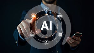 AI artificial intelligence machine learning brain big data automation industrial tech virtual screen programming concept