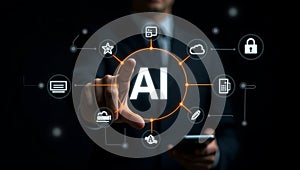 AI artificial intelligence machine learning brain big data automation industrial tech virtual screen programming concept