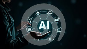 AI artificial intelligence machine learning brain big data automation industrial tech virtual screen programming concept