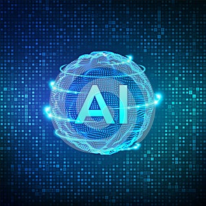 AI. Artificial Intelligence and Machine Learning concept. Sphere grid wave on streaming matrix digital binary code background. Big