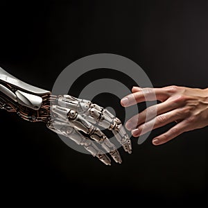 AI artificial intelligence robot android hand reaching out for human hand future technology