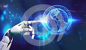 AI, Artificial intelligence, robot hand touching and changing the world, unity with human and ai concept, machine learning and
