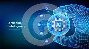 AI. Artificial Intelligence in the shape of sphere with hexagon pattern in wireframe hand. Machine Learning Concept. Big data