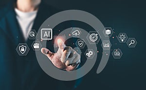 AI artificial intelligence tech, Businessman touching virtual AI technology icons interface, data analysis, cloud computing and
