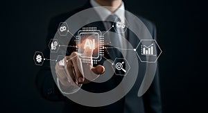 Ai artificial intelligence technology concept businessman touching virtual screen data analysis