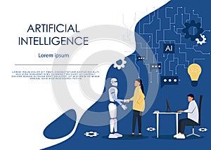 Ai or artificial intelligence vector concept with ai robot handshake with human. Symbol of future cooperation, technology advance