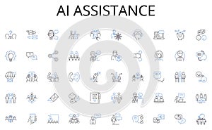 AI assistance line icons collection. Artistic, Handmade, Unique, Creative, Innovative, Colorful, Whimsical vector and