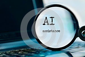 AI assistance technology demonstrated with laptop, text and magnifying glass and command prompt. Chat with artificial intelligence