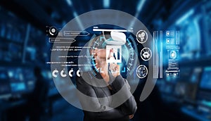 AI Assistant Concept with Futuristic Interface in a High-Tech Environment Featuring Virtual Reality and Data