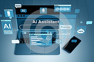 Ai Assistant interface on laptop screen with smartphone. 3D Rendering