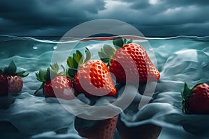 ai beautifully juxtaposes the dynamic vigor of a stormy sea with ripe, luscious strawberries