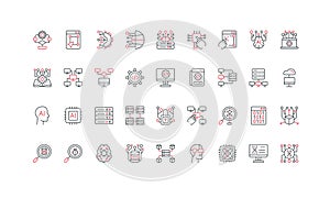 AI and big data science, algorithm and structure, server network and cloud line icon set