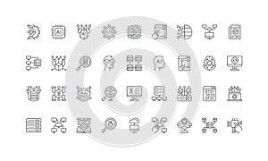 AI and big data science, algorithm and structure, server network and cloud line icon set
