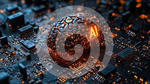 AI Brain on Circuit Board Artificial Intelligence Technology Concept with Neural Network and Computing Power