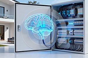 AI brain concept with electrical panel, smart home automation, and modern technology